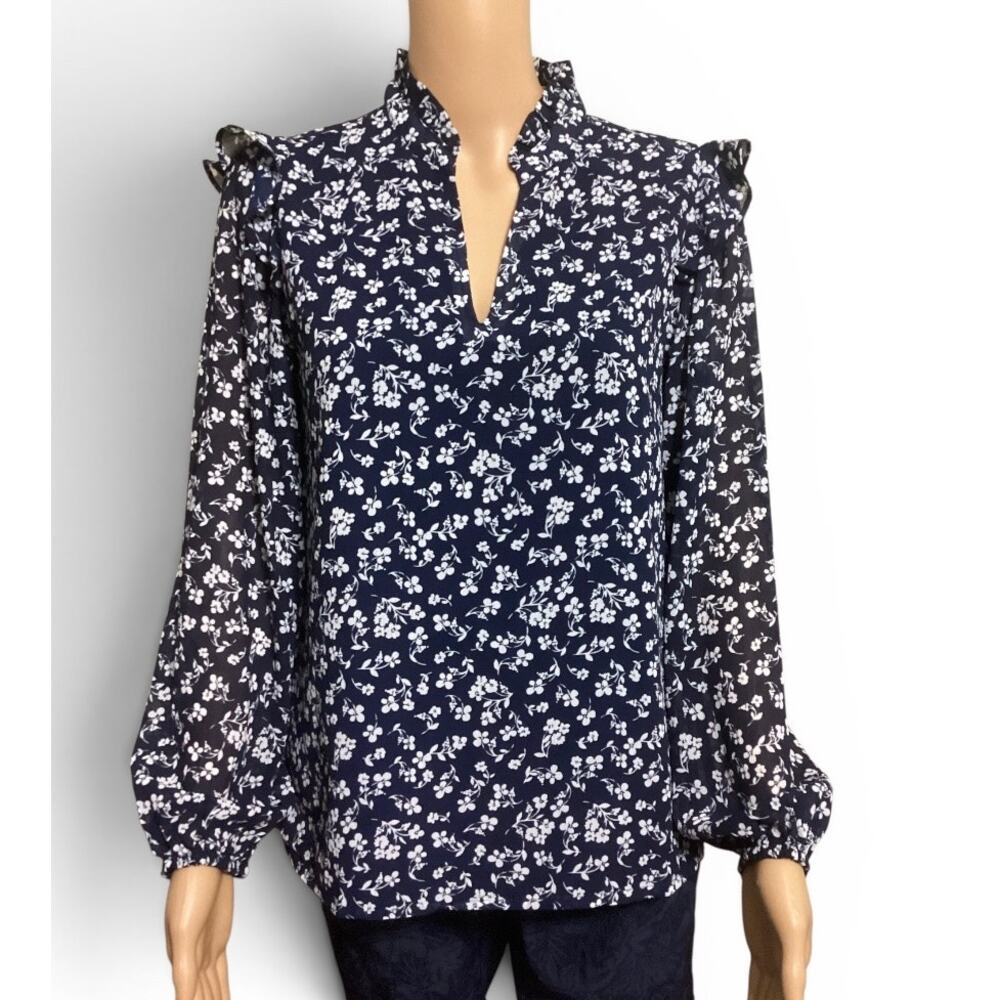 J.Crew Navy Blue Floral Ruffleneck Chiffon‎ Blouse Long Sleeve Split Neck sz XS